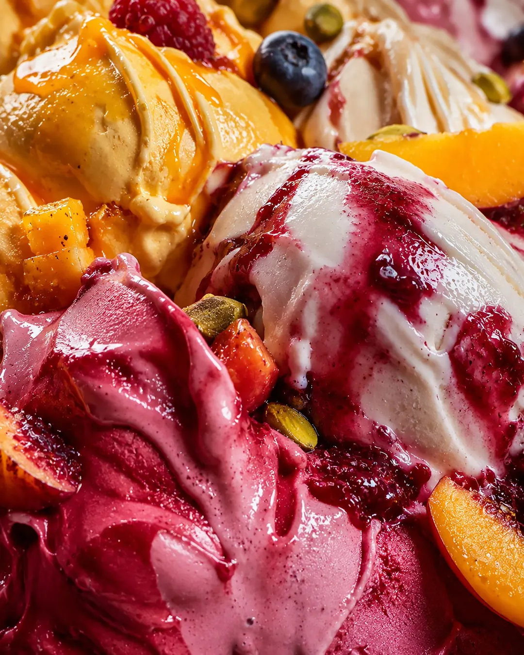 Eiskugeln mit Beerensoße, Pfirsich und Pistazien